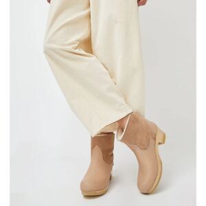 NO.6 Pull-On Shearling Clog Boot on Mid Heel in Fawn, Size 6